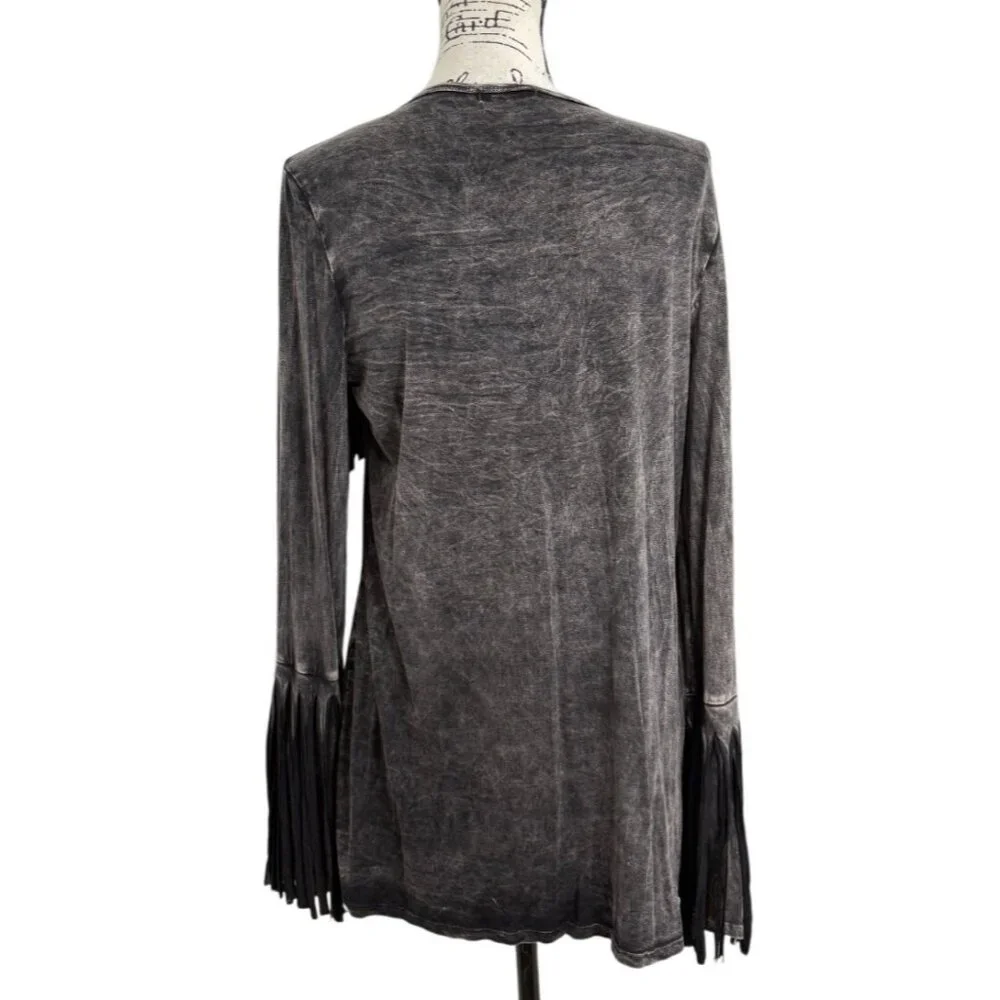 T Party Open Front Cardigan Fringe Washed Black Long Sleeve Womens Size M NEW - Picture 3 of 7
